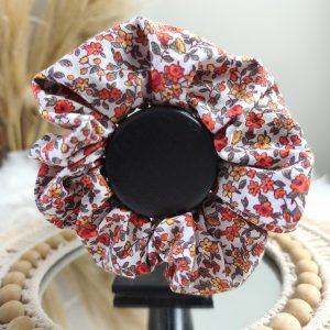 Chouchou secret motif fleurs oranges et rouges - Accessoire cheveux fait main